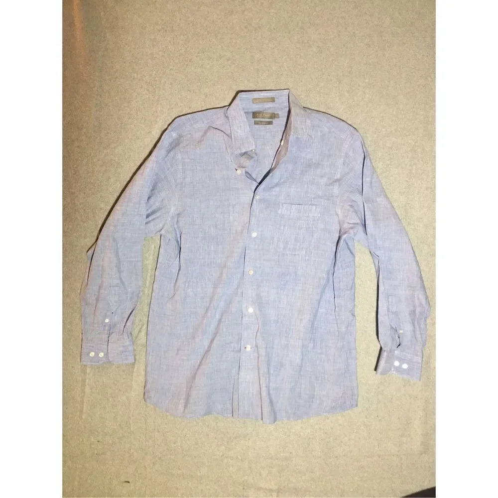 Mens Daniel Cremieux Button Up Size Large Stretch Linen Blend Blue Formal